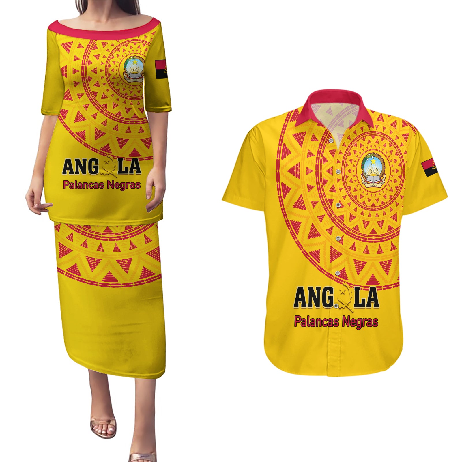 Angola Football Couples Matching Puletasi and Hawaiian Shirt Go Palancas Negras Yellow Version - Wonder Print Shop