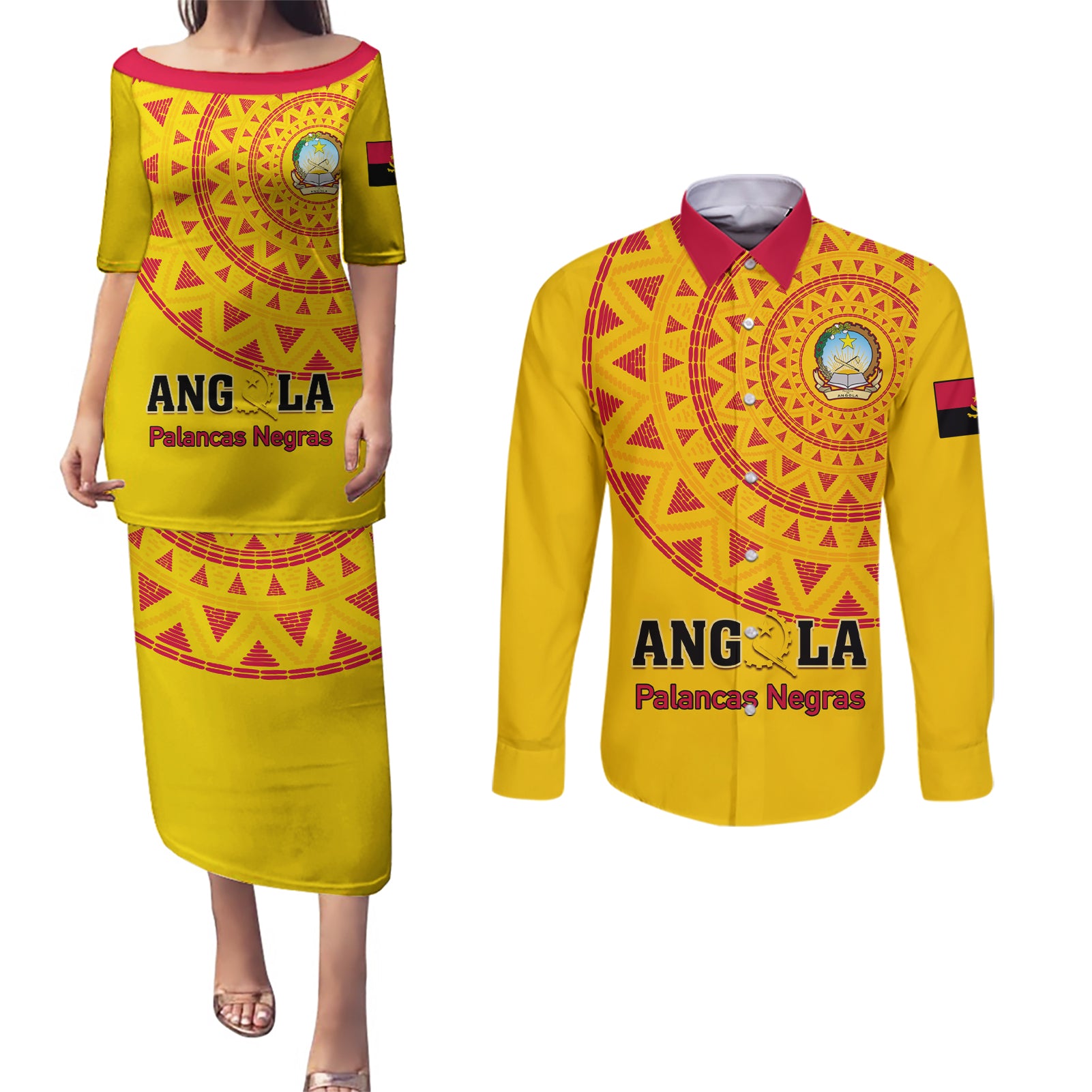 Angola Football Couples Matching Puletasi and Long Sleeve Button Shirt Go Palancas Negras Yellow Version - Wonder Print Shop