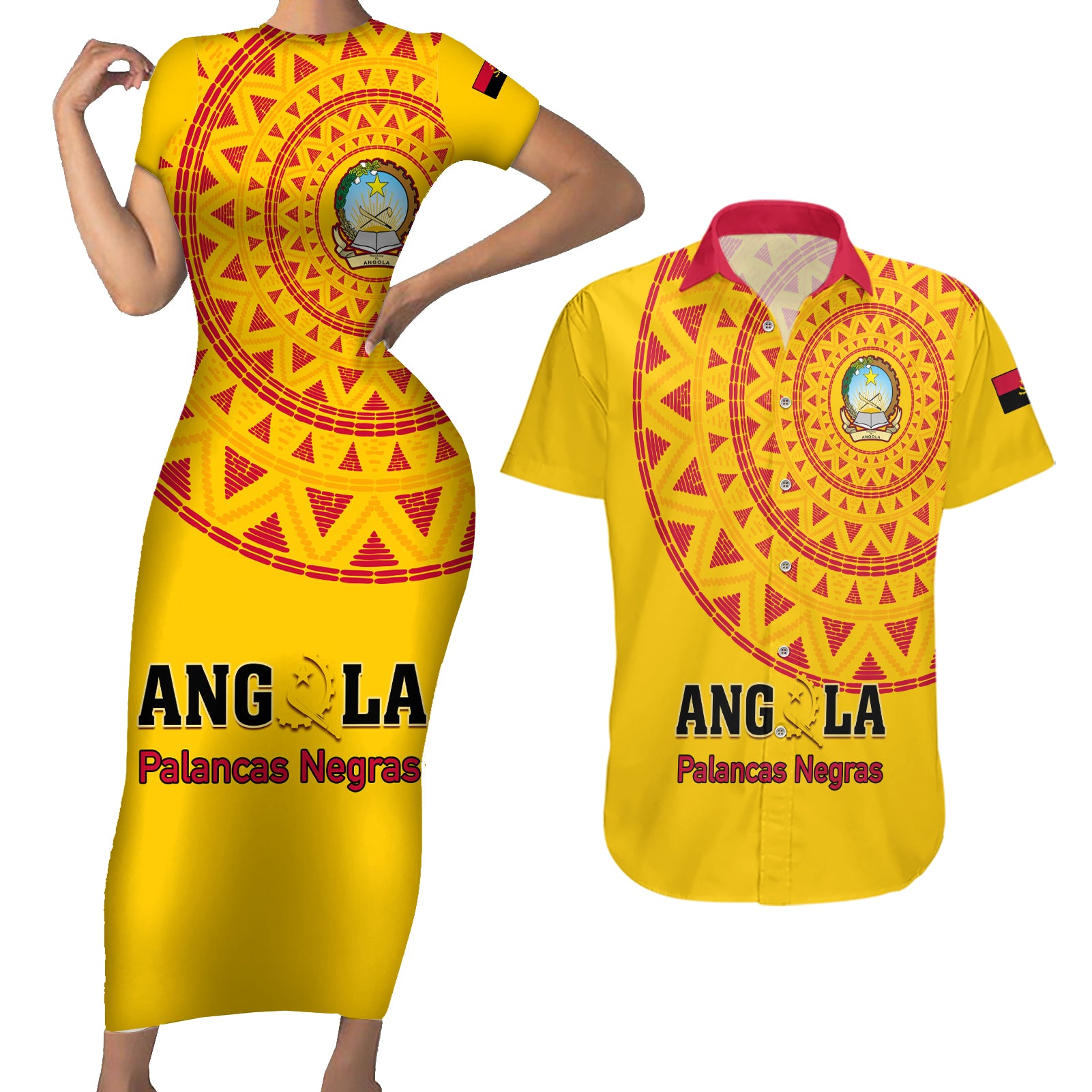 Angola Football Couples Matching Short Sleeve Bodycon Dress and Hawaiian Shirt Go Palancas Negras Yellow Version - Wonder Print Shop