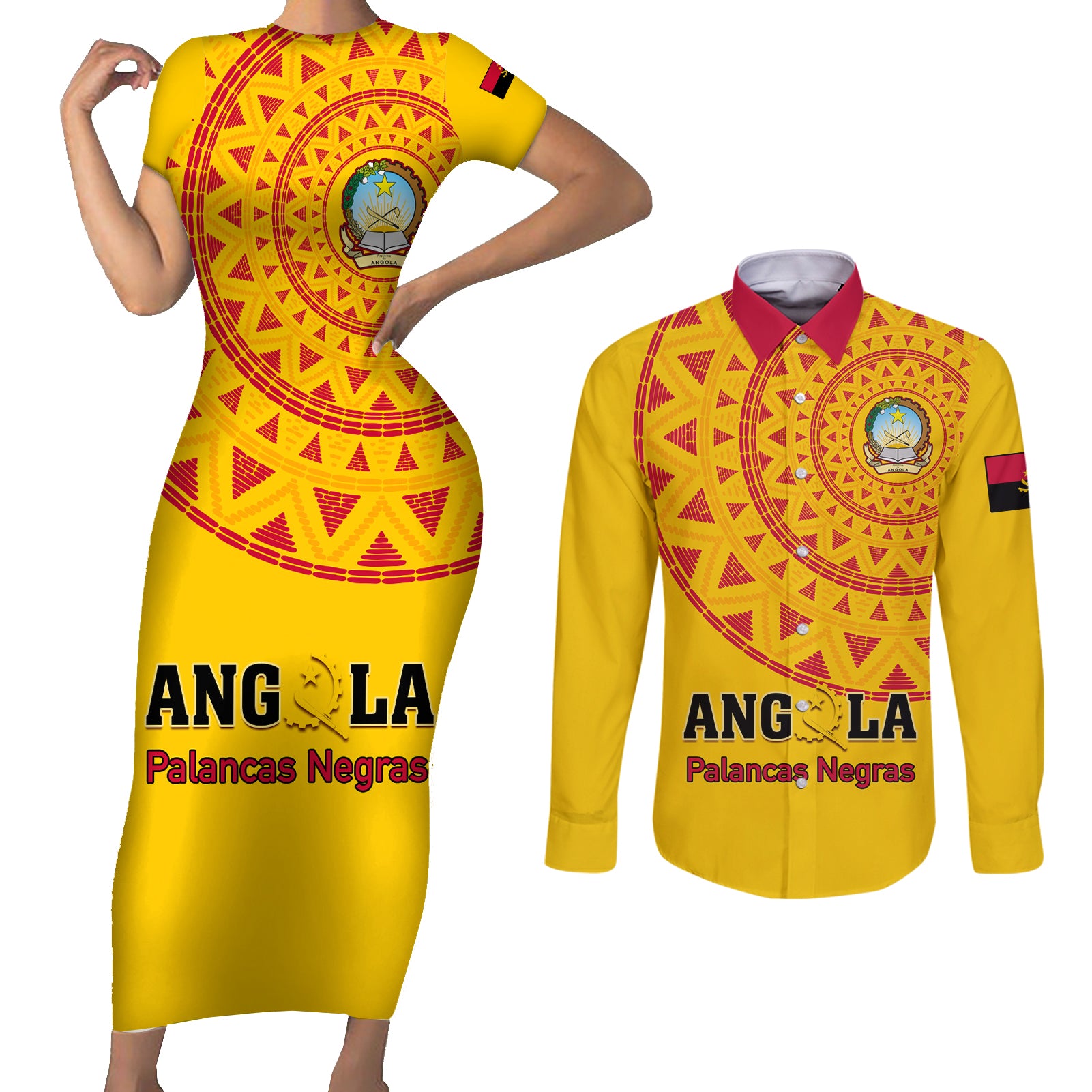 Angola Football Couples Matching Short Sleeve Bodycon Dress and Long Sleeve Button Shirt Go Palancas Negras Yellow Version - Wonder Print Shop