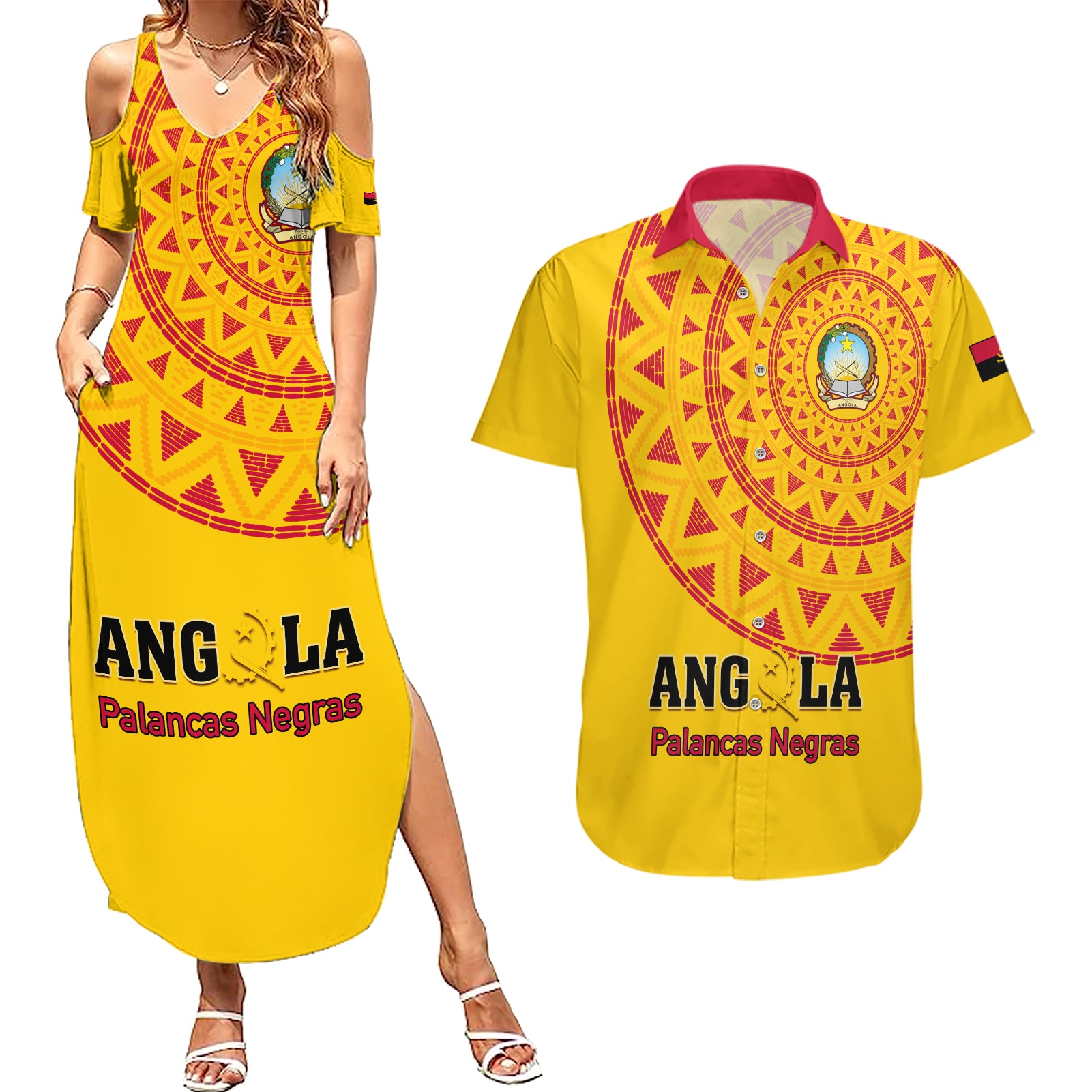 Angola Football Couples Matching Summer Maxi Dress and Hawaiian Shirt Go Palancas Negras Yellow Version - Wonder Print Shop