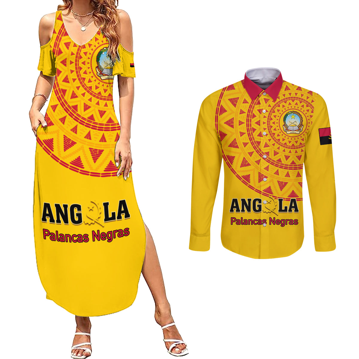 Angola Football Couples Matching Summer Maxi Dress and Long Sleeve Button Shirt Go Palancas Negras Yellow Version - Wonder Print Shop