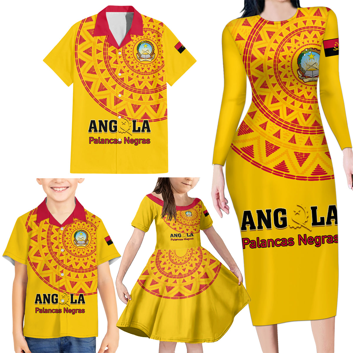 Angola Football Family Matching Long Sleeve Bodycon Dress and Hawaiian Shirt Go Palancas Negras Yellow Version - Wonder Print Shop