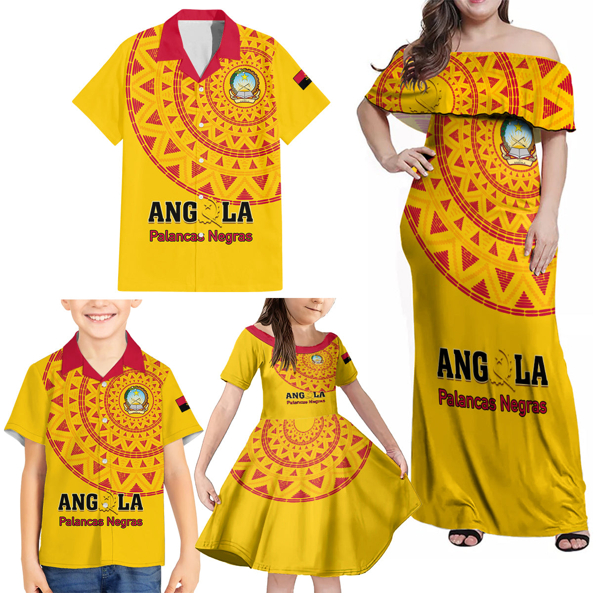 Angola Football Family Matching Off Shoulder Maxi Dress and Hawaiian Shirt Go Palancas Negras Yellow Version - Wonder Print Shop