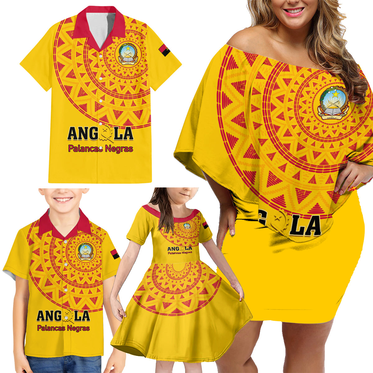 Angola Football Family Matching Off Shoulder Short Dress and Hawaiian Shirt Go Palancas Negras Yellow Version - Wonder Print Shop