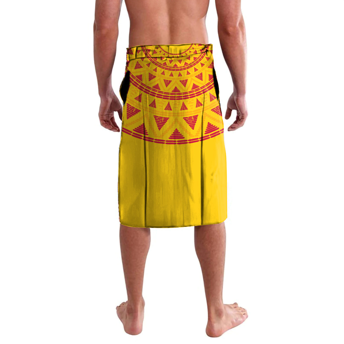Men's yellow football lava lava skirt with red geometric band at waist