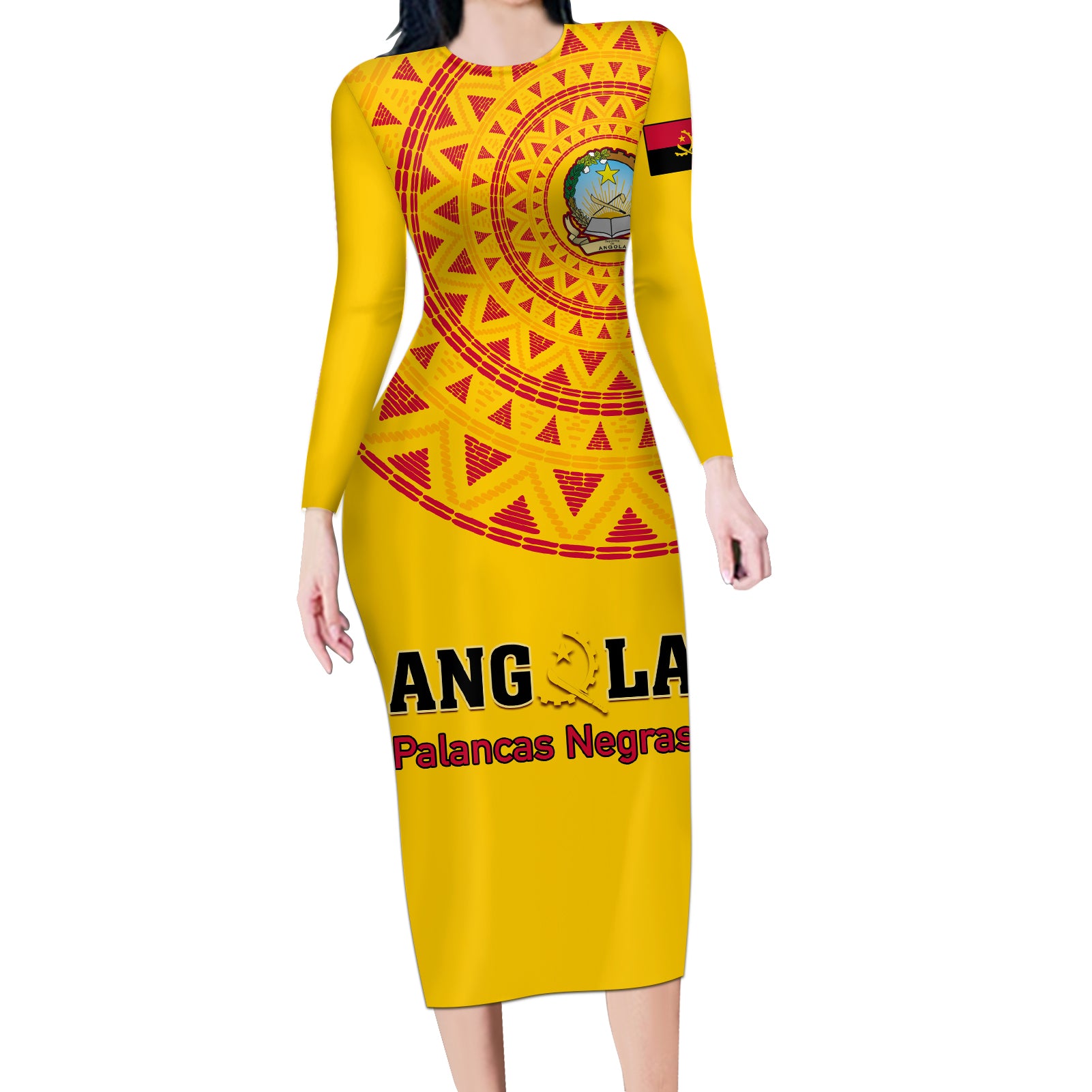 Angola Football Long Sleeve Bodycon Dress Go Palancas Negras Yellow Version - Wonder Print Shop