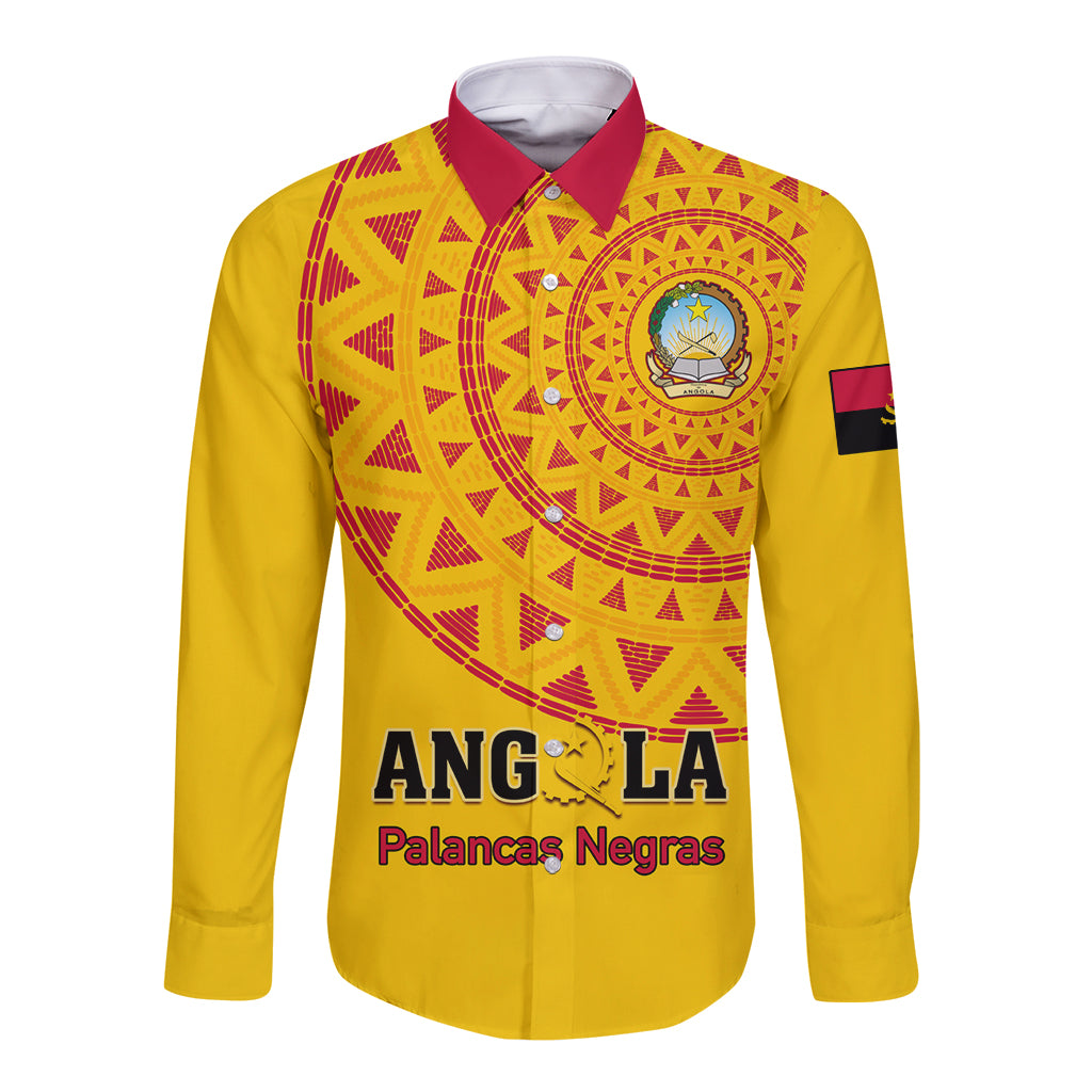 Yellow long-sleeve football button-up shirt with red geometric crest and 'ANGOLA' front