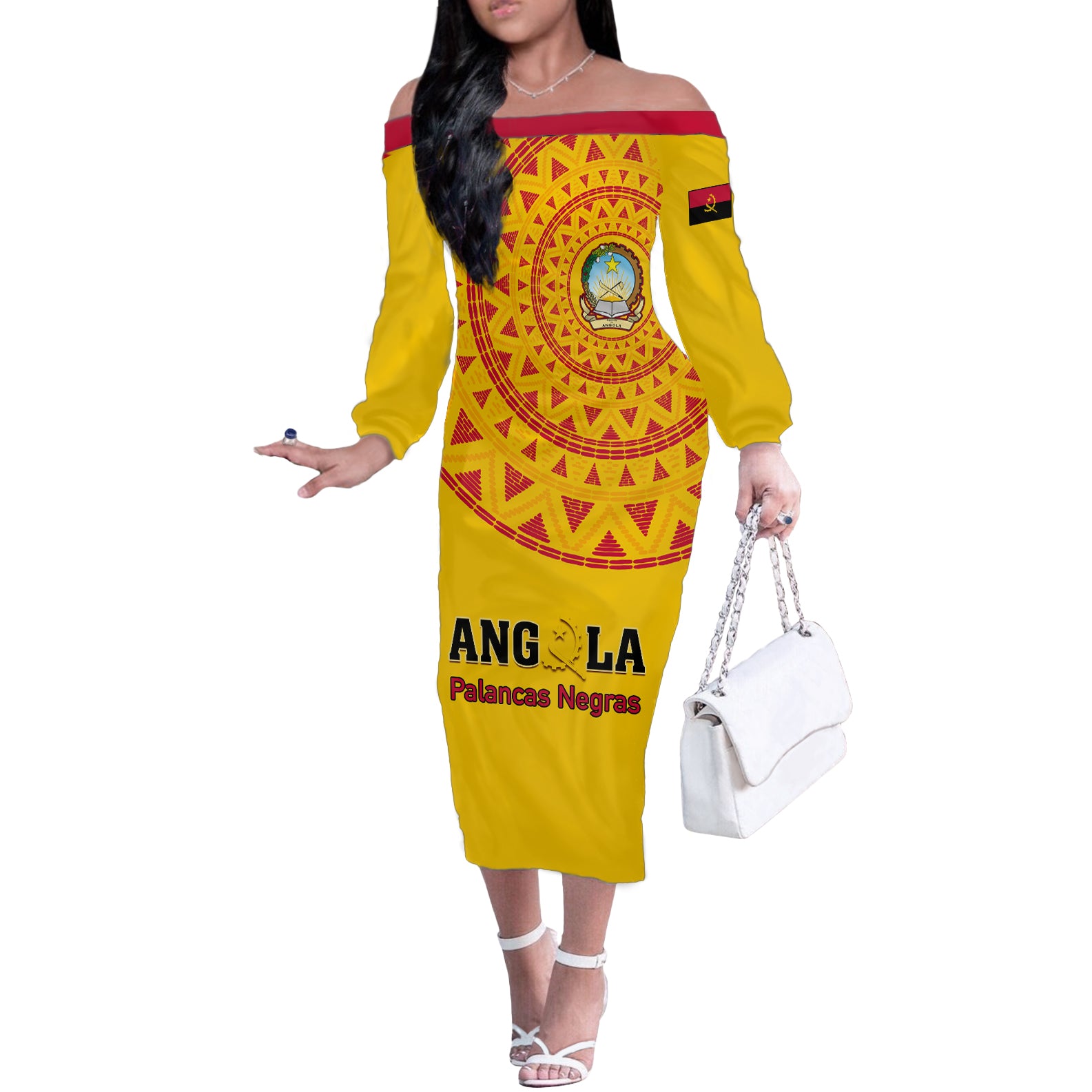 Angola Football Off The Shoulder Long Sleeve Dress Go Palancas Negras Yellow Version - Wonder Print Shop