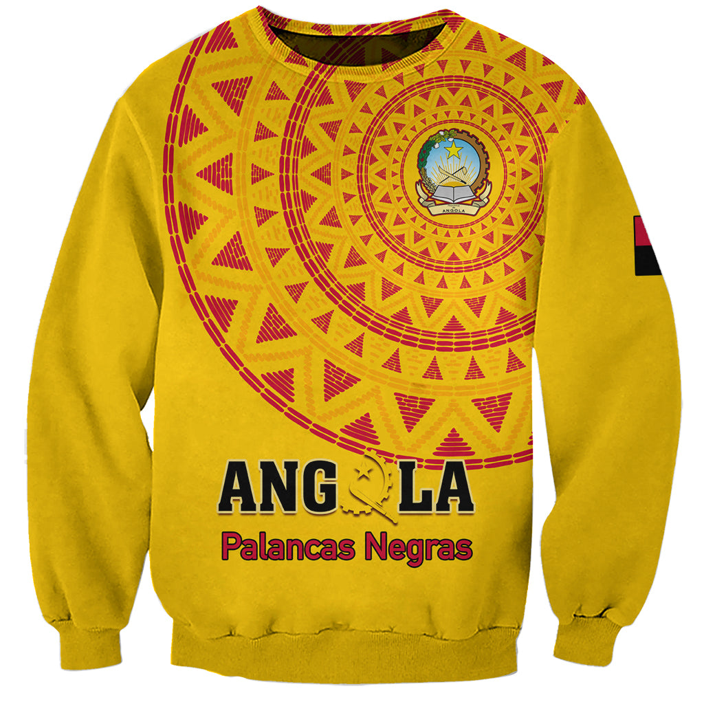 Yellow football sweatshirt with red tribal print, crest, and ANGOLA Palancas Negras text