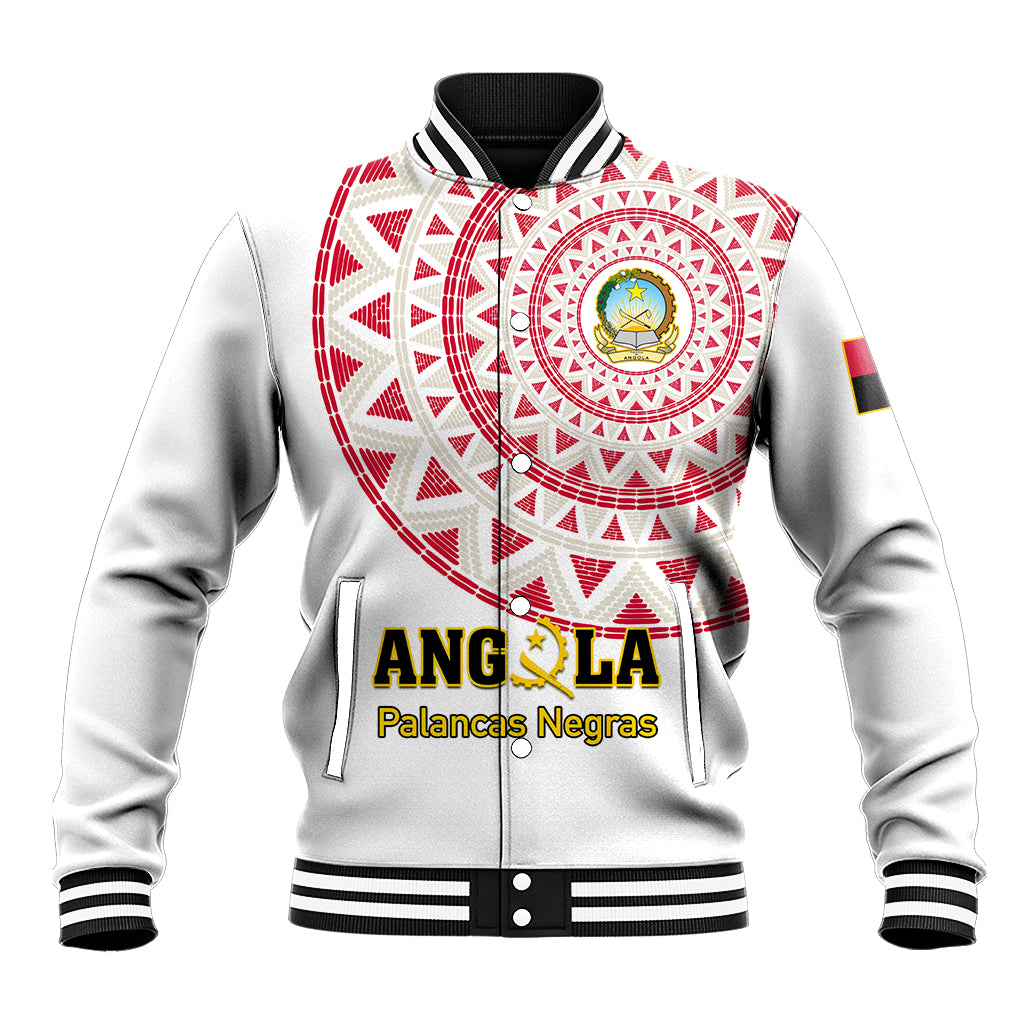 White varsity baseball jacket with red circular crest, black ribbed collar and striped hem