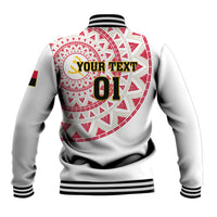 White varsity jacket back with red pattern circle, black striped collar and 'YOUR TEXT 01'
