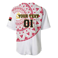 White baseball football jersey back with red geometric graphics, YOUR TEXT and 01