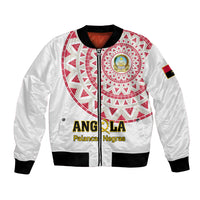 Unisex white bomber jacket with red circular tribal graphic, black ribbed hem and cuffs
