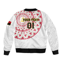 Unisex white bomber jacket with red circular design, black ribbed cuffs, 'YOUR TEXT 01'
