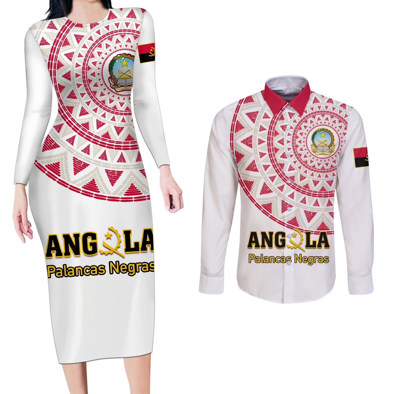 Angola Football Couples Matching Long Sleeve Bodycon Dress and Long Sleeve Button Shirt Go Palancas Negras White Version - Wonder Print Shop