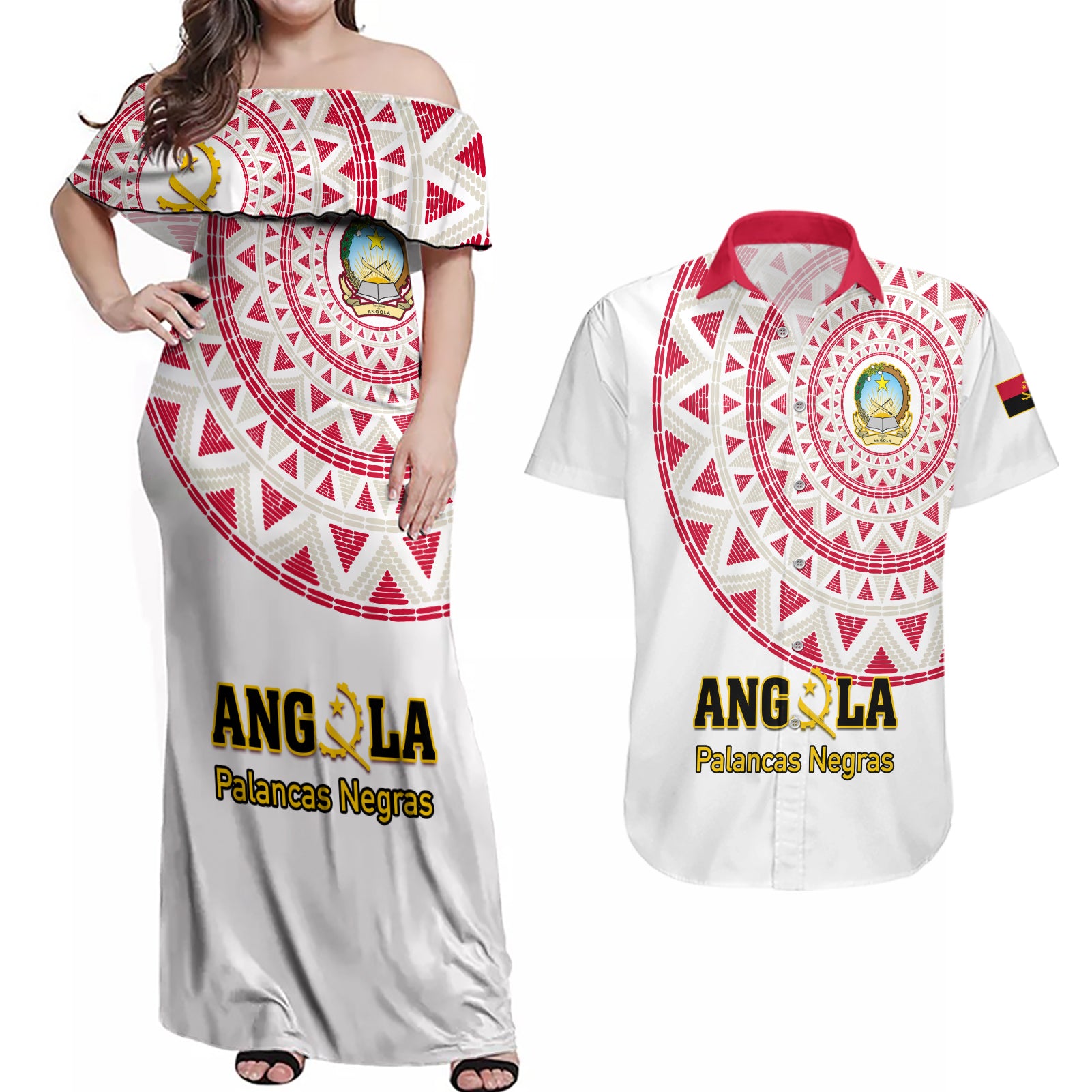 Angola Football Couples Matching Off Shoulder Maxi Dress and Hawaiian Shirt Go Palancas Negras White Version - Wonder Print Shop