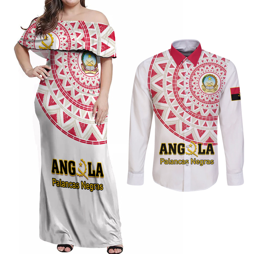 Angola Football Couples Matching Off Shoulder Maxi Dress and Long Sleeve Button Shirt Go Palancas Negras White Version - Wonder Print Shop