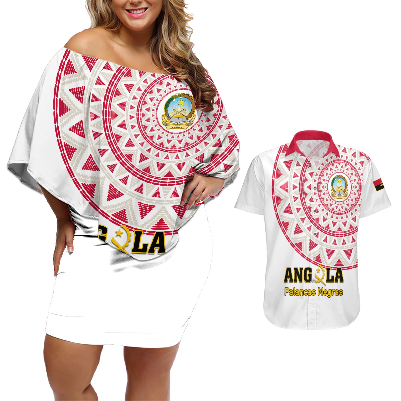 Angola Football Couples Matching Off Shoulder Short Dress and Hawaiian Shirt Go Palancas Negras White Version - Wonder Print Shop