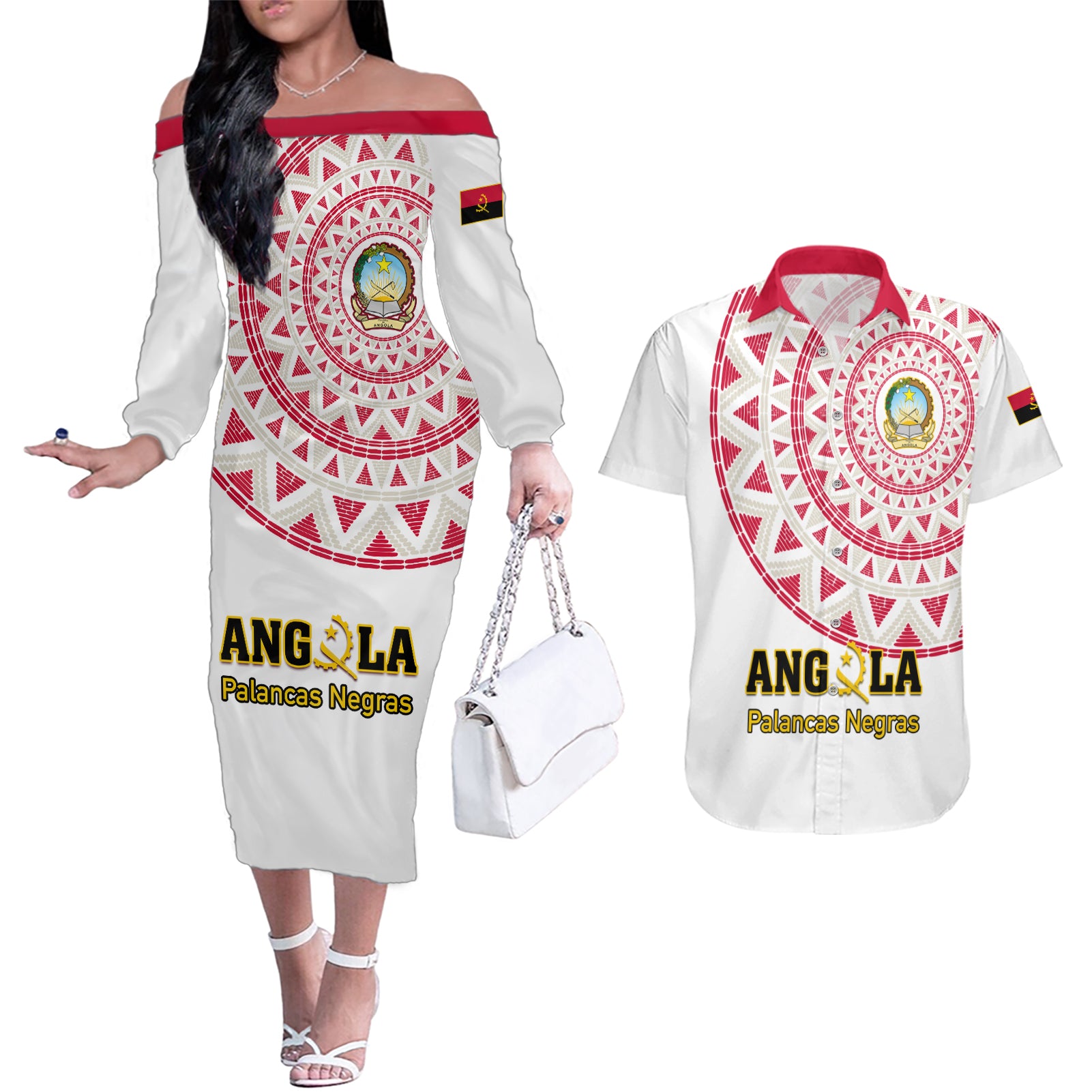 Angola Football Couples Matching Off The Shoulder Long Sleeve Dress and Hawaiian Shirt Go Palancas Negras White Version - Wonder Print Shop