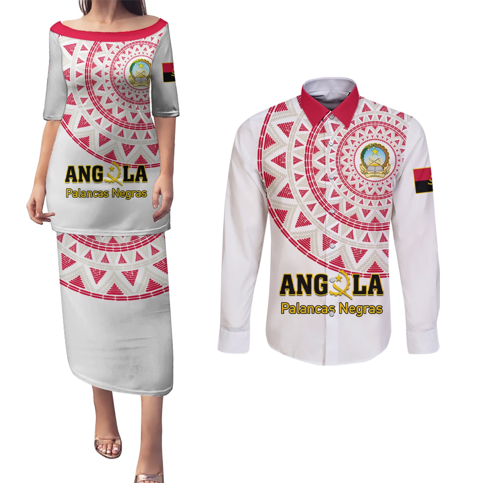 Angola Football Couples Matching Puletasi and Long Sleeve Button Shirt Go Palancas Negras White Version - Wonder Print Shop