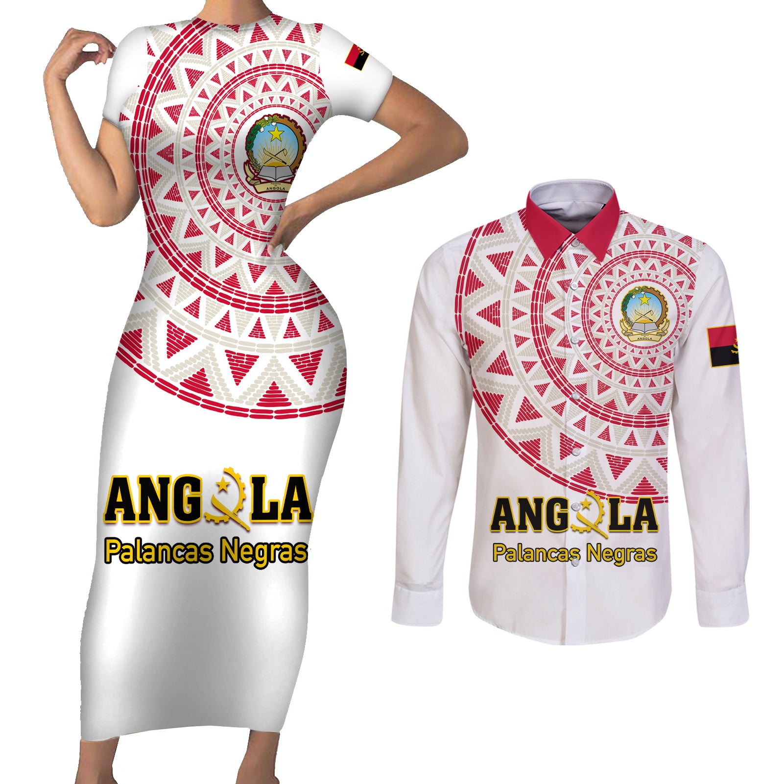 Angola Football Couples Matching Short Sleeve Bodycon Dress and Long Sleeve Button Shirt Go Palancas Negras White Version - Wonder Print Shop