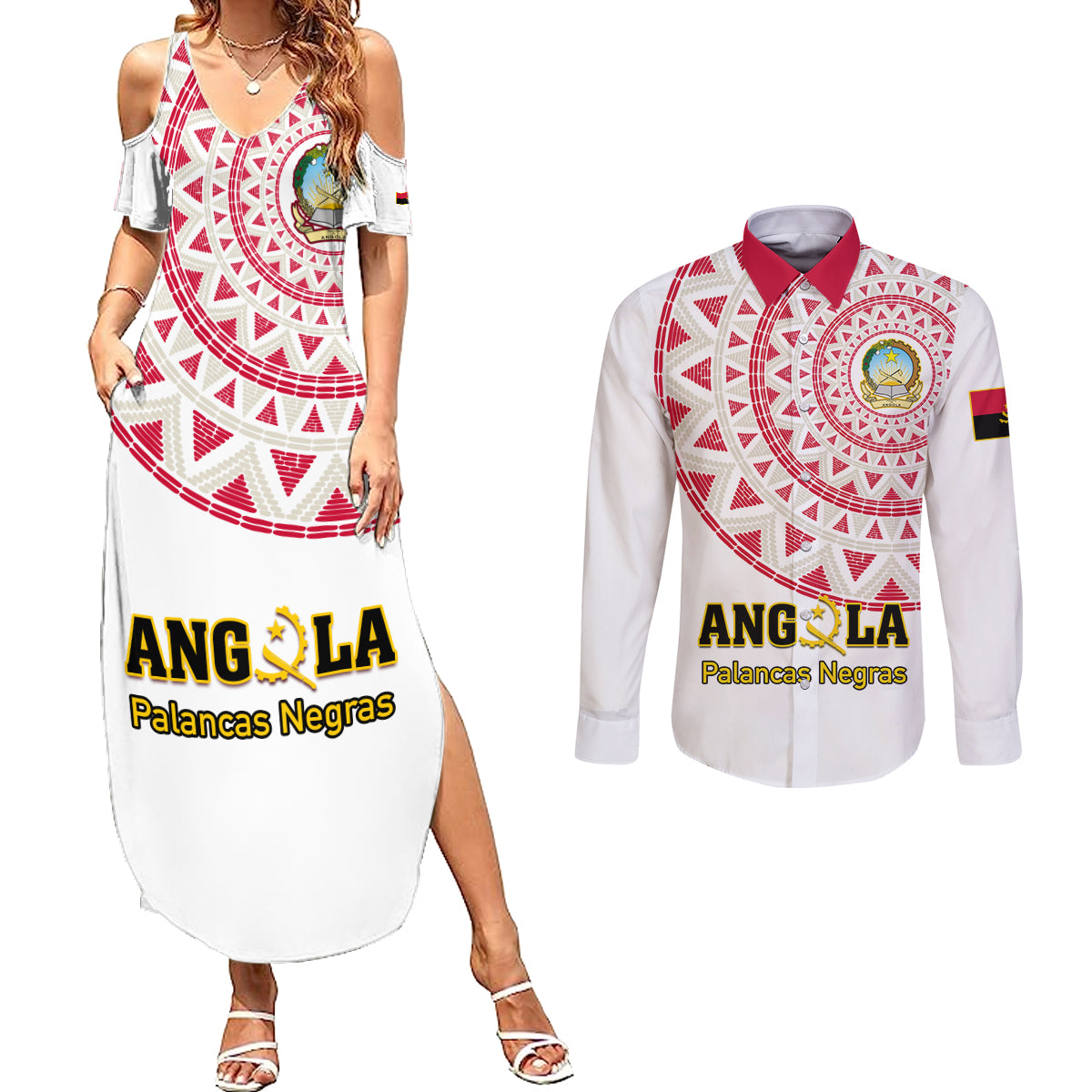 Angola Football Couples Matching Summer Maxi Dress and Long Sleeve Button Shirt Go Palancas Negras White Version - Wonder Print Shop