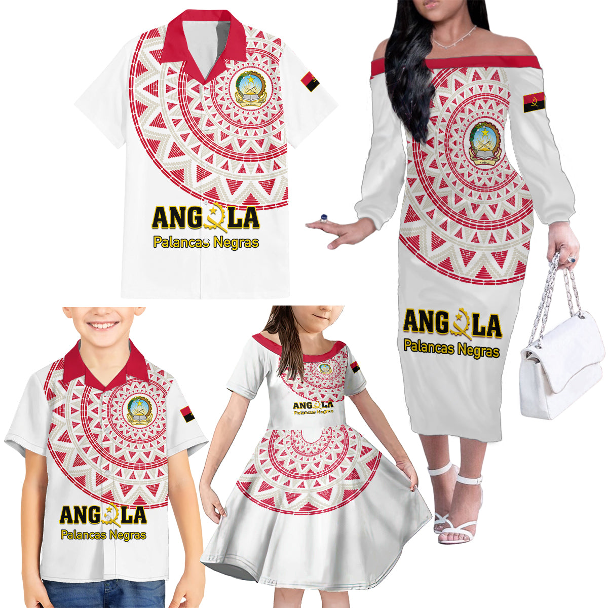 Angola Football Family Matching Off Shoulder Long Sleeve Dress and Hawaiian Shirt Go Palancas Negras White Version - Wonder Print Shop