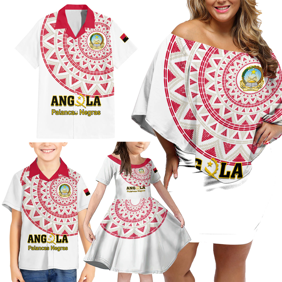 Angola Football Family Matching Off Shoulder Short Dress and Hawaiian Shirt Go Palancas Negras White Version - Wonder Print Shop