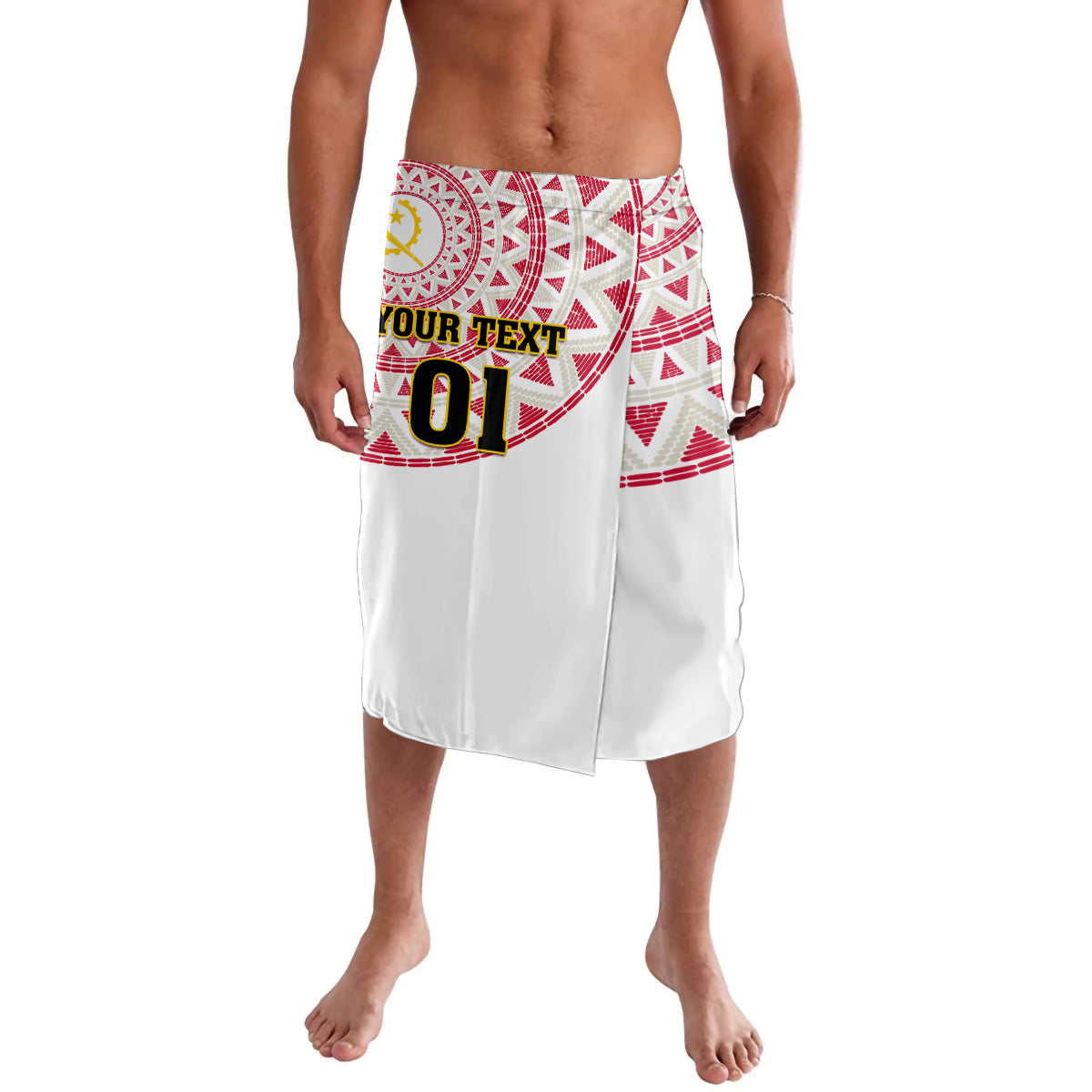 White lavalava skirt with red tribal print waistband and black graphic stripe