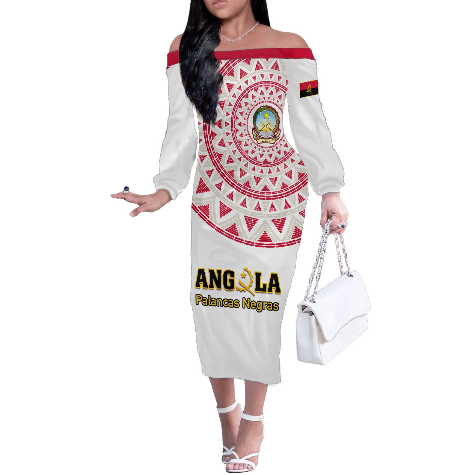 Angola Football Off The Shoulder Long Sleeve Dress Go Palancas Negras White Version - Wonder Print Shop