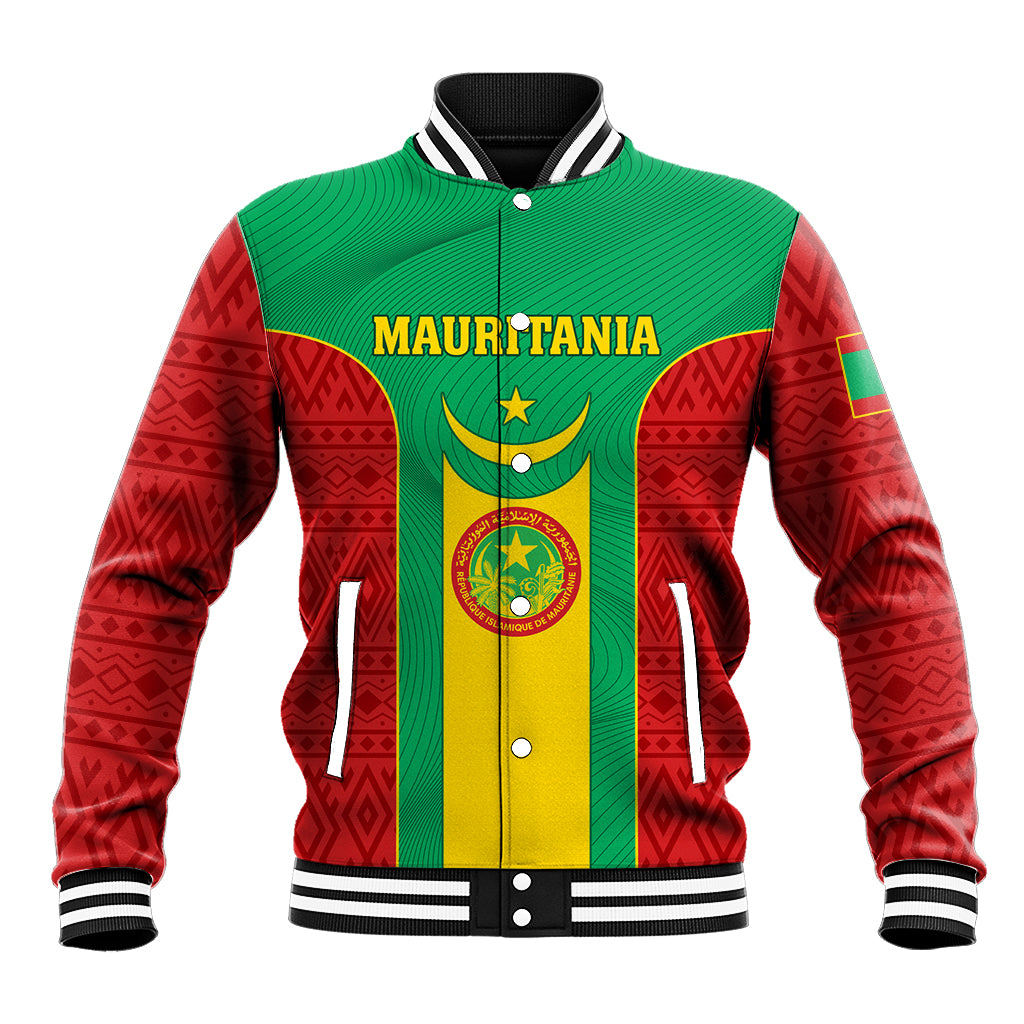 Green and red baseball jacket with yellow stripe, snap front, ribbed collar/cuffs