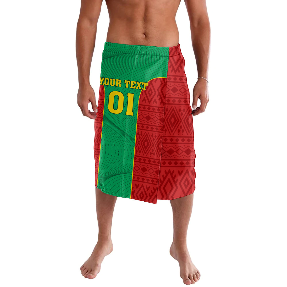 Green and red lavalava football shorts with tribal pattern panel and number graphic