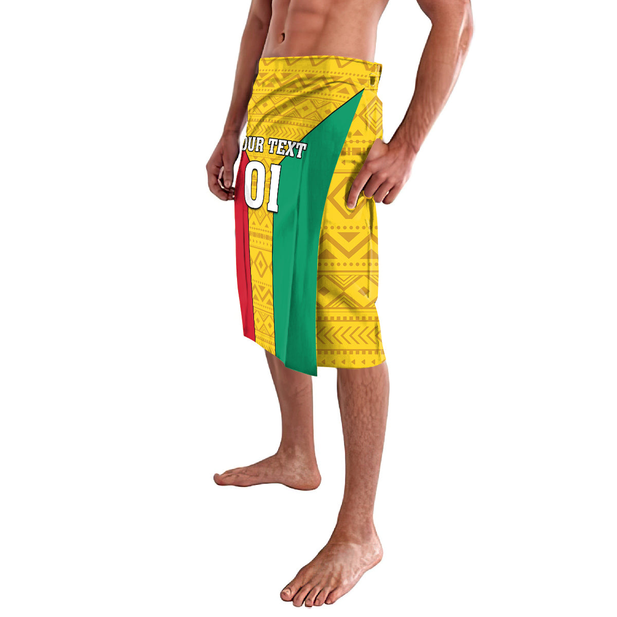 Men's football lavalava skirt, yellow with green side panel and red stripe, '01' print