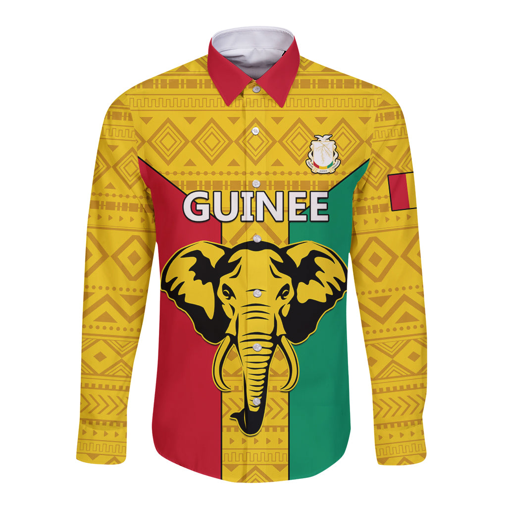Yellow long sleeve button football shirt with red green panels and Guinea crest