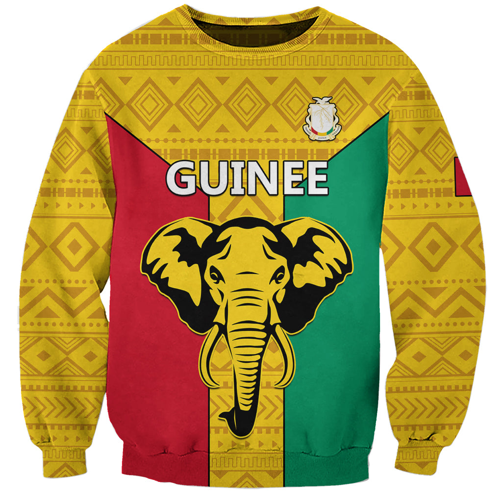 Unisex football sweatshirt in yellow, red, and green with elephant crest and GUINEE text