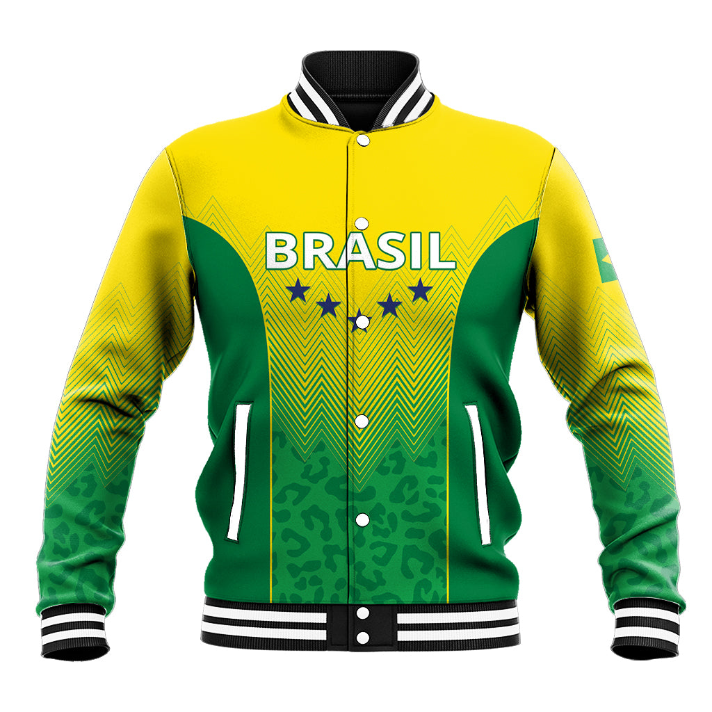 Brazil-inspired baseball jacket, yellow and green with button front and striped ribbed collar
