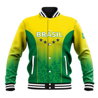 Brazil-inspired baseball jacket, yellow and green with button front and striped ribbed collar