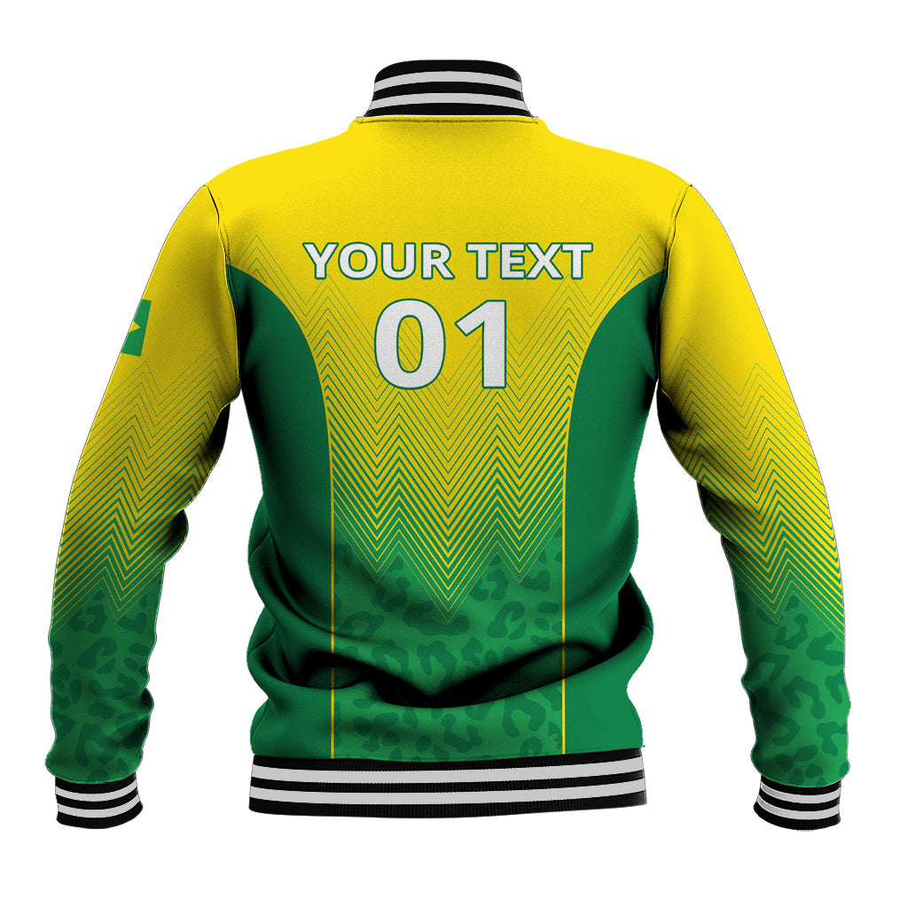 Back view baseball jacket, yellow and green with striped sleeves, YOUR TEXT 01 and ribbed hem