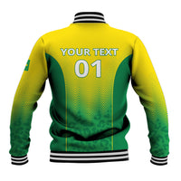 Back view baseball jacket, yellow and green with striped sleeves, YOUR TEXT 01 and ribbed hem