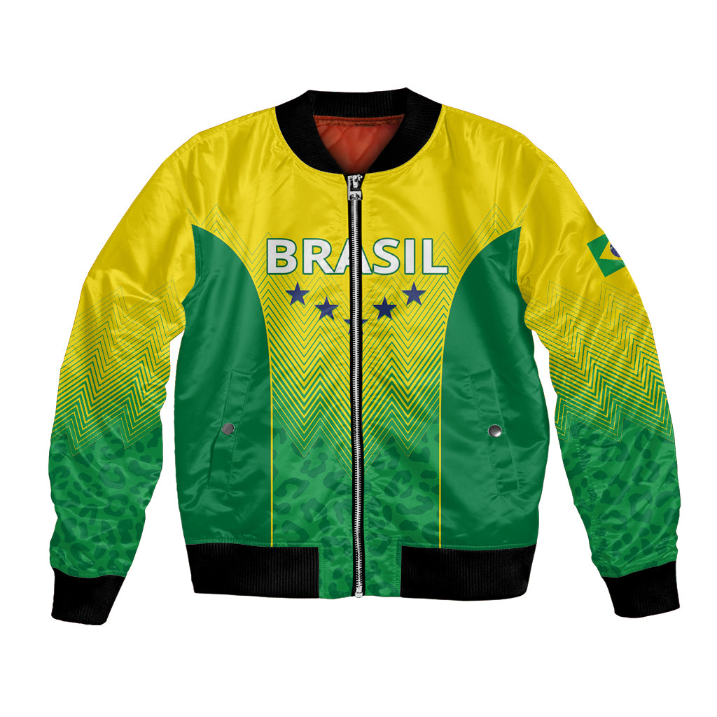 Green-yellow Brazil graphic bomber jacket with full-zip, ribbed collar and cuffs.