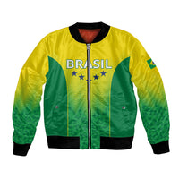 Green-yellow Brazil graphic bomber jacket with full-zip, ribbed collar and cuffs.