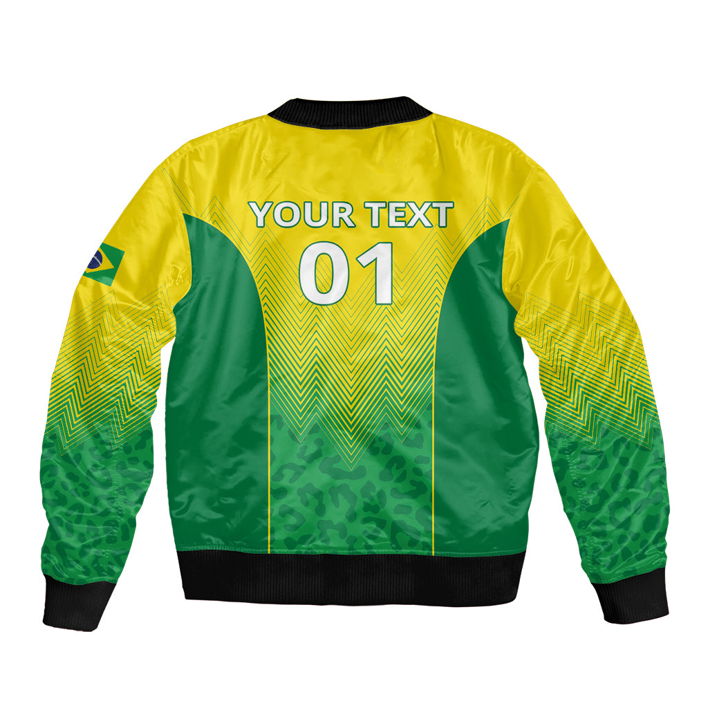 Yellow and green bomber jacket back print: YOUR TEXT 01, full-zip, ribbed hem and cuffs.