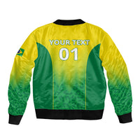 Yellow and green bomber jacket back print: YOUR TEXT 01, full-zip, ribbed hem and cuffs.