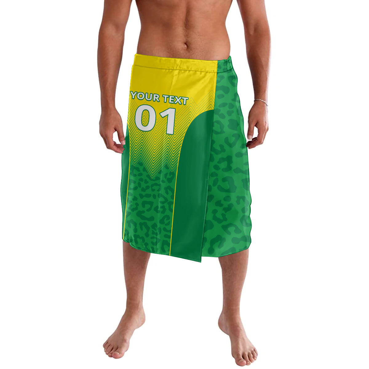 Personalized green lavalava with yellow waistband, custom text and '01' front print