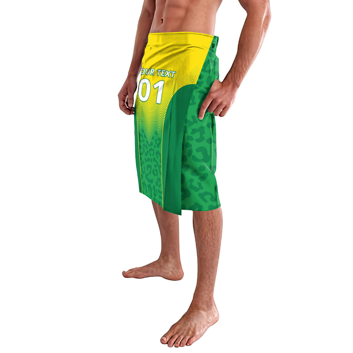 Personalized green lavalava with yellow waistband and custom '01' text, side view