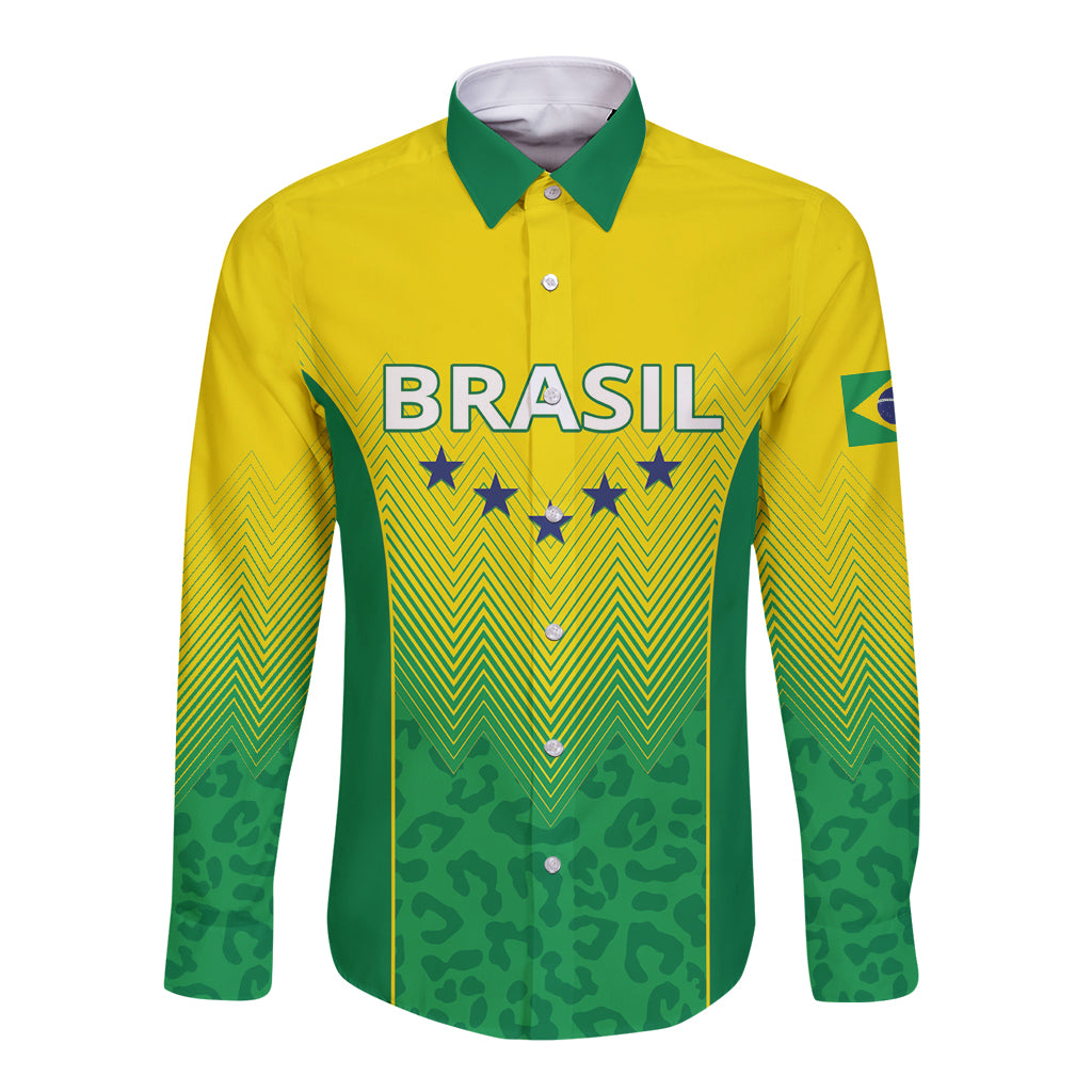 Front of personalized Brazil 2024 long-sleeve button shirt, yellow with green trim, 'BRASIL' print