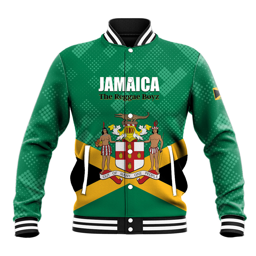 Green Jamaica baseball jacket with striped ribbed collar and front graphic crest