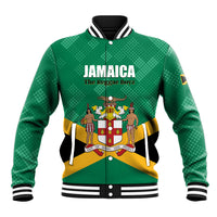 Green Jamaica baseball jacket with striped ribbed collar and front graphic crest