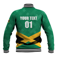 Green baseball jacket back with YOUR TEXT 01 and yellow cross stripe